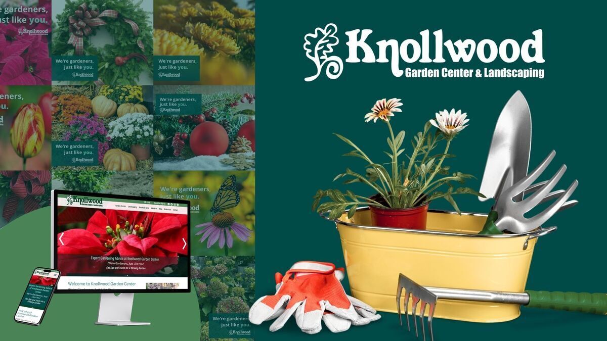 Knollwood Garden Center logo with gardening tools and website on computer and phone